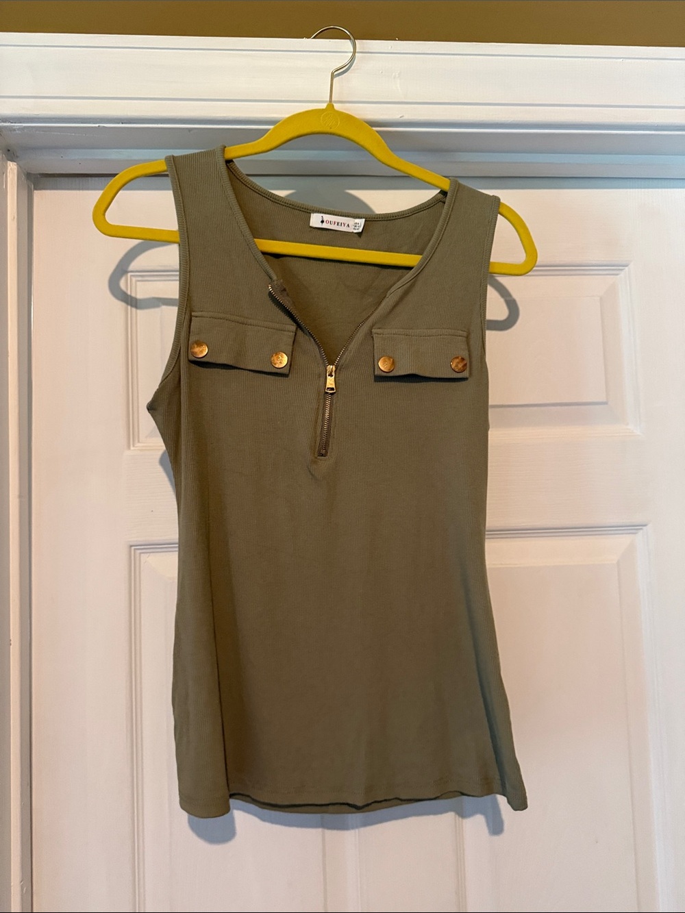 Olive Sleeveless Tank with Front Zip and Pocket Flaps